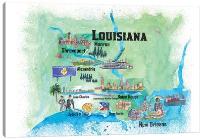 USA, Louisiana Illustrated Travel Poster Canvas Art Print - State Maps