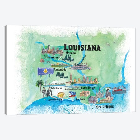 USA, Louisiana Illustrated Travel Poster Canvas Print #MMB51} by Markus & Martina Bleichner Canvas Art