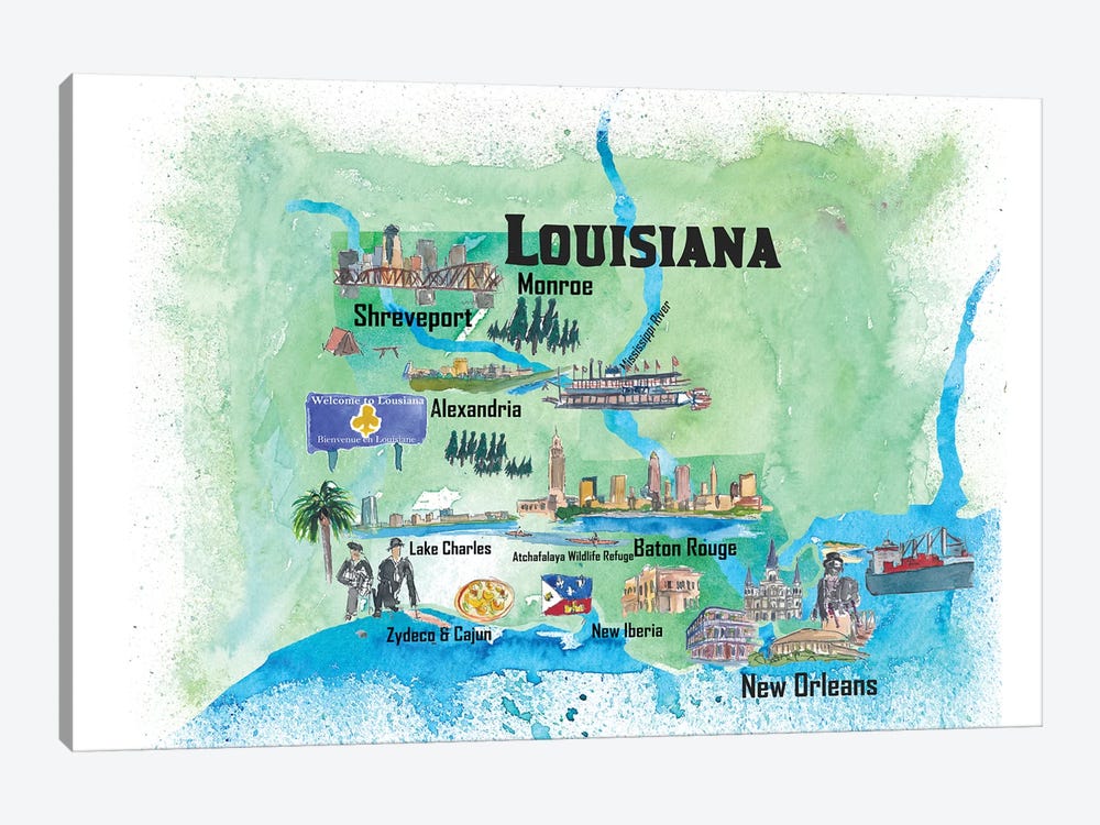 USA, Louisiana Illustrated Travel Poster by Markus & Martina Bleichner 1-piece Canvas Print