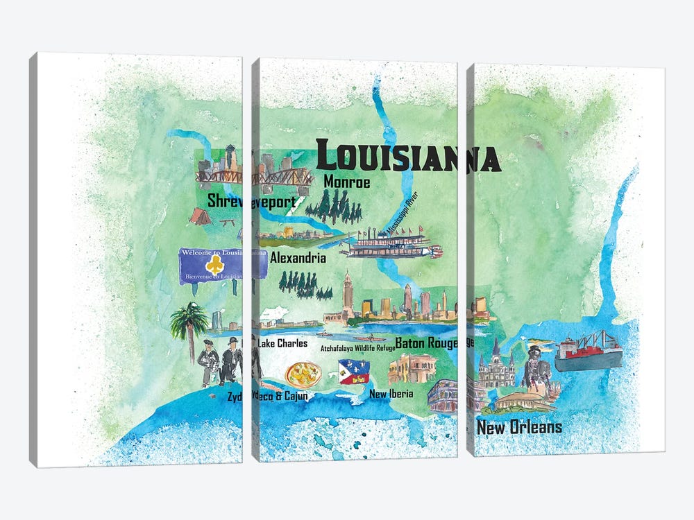 USA, Louisiana Illustrated Travel Poster by Markus & Martina Bleichner 3-piece Canvas Print