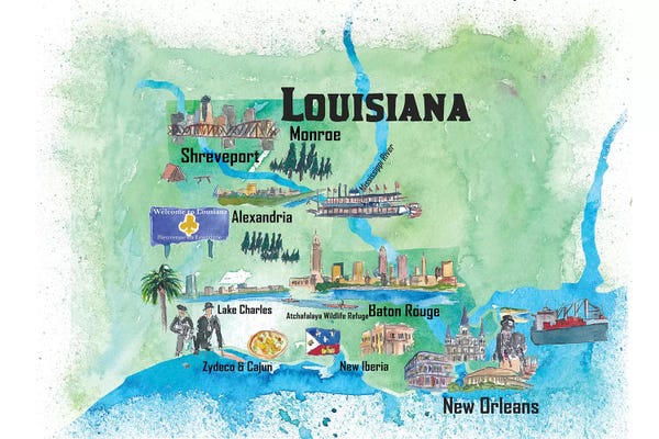 Kids Map Art: USA, Louisiana Illustrated Travel Poster by Markus & Martina Bleichner