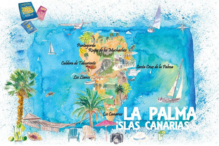 La Palma Illustrated Travel Map With Roads And Highlights by Markus & Martina Bleichner wall art