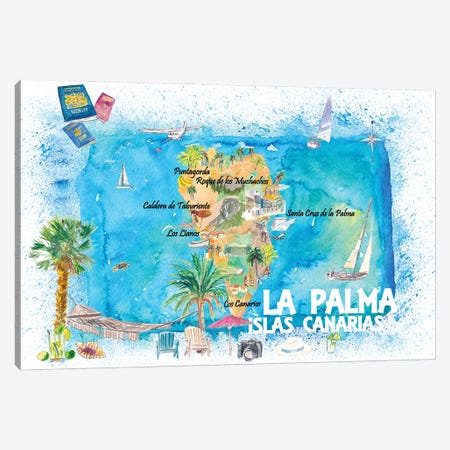 La Palma Illustrated Travel Map With Roads And Highlights Canvas Print #MMB521} by Markus & Martina Bleichner Canvas Artwork