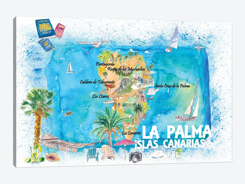 La Palma Illustrated Travel Map With Roads And Highlights by Markus & Martina Bleichner 1-piece Canvas Artwork