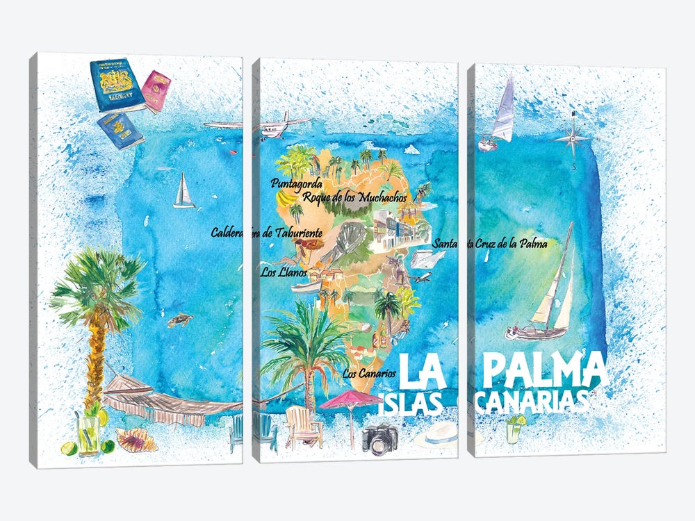 La Palma Illustrated Travel Map With Roads And Highlights by Markus & Martina Bleichner 3-piece Canvas Wall Art