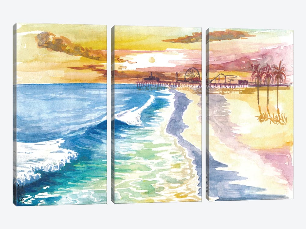 Santa Monica Pier In Golden Californian Sun by Markus & Martina Bleichner 3-piece Canvas Art Print