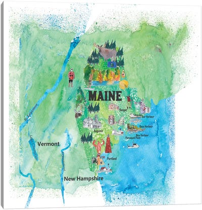 USA, Maine Travel Poster Canvas Art Print - Kids Map Art