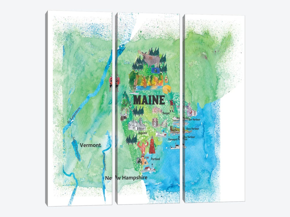 USA, Maine Travel Poster by Markus & Martina Bleichner 3-piece Canvas Wall Art