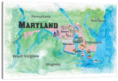 USA, Maryland Travel Poster Canvas Art Print - Kids Map Art
