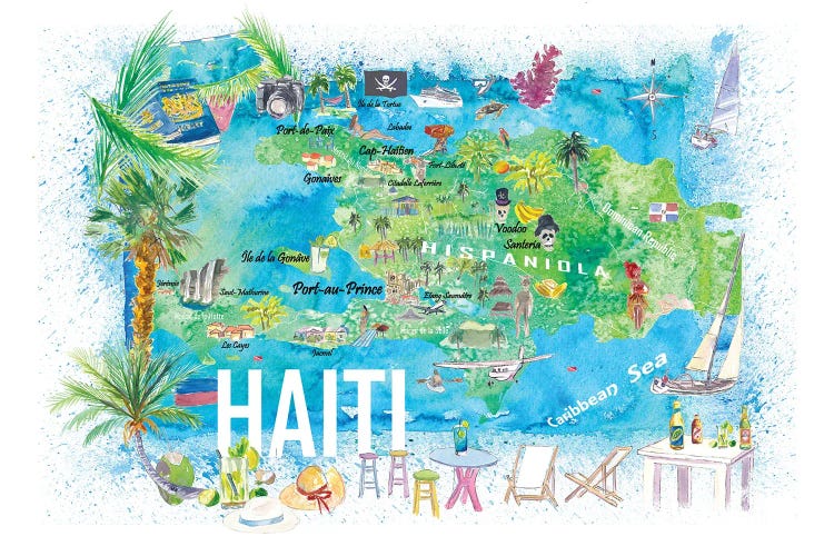 Haiti Illustrated Travel Map With Roads And Highlights by Markus & Martina Bleichner wall art