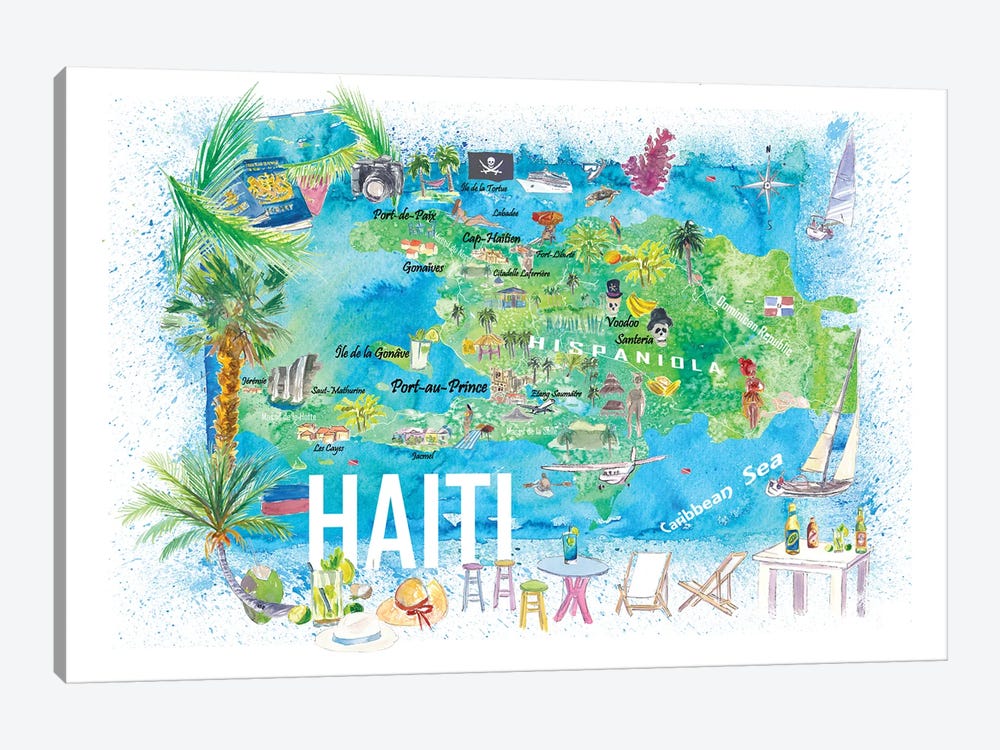 Haiti Illustrated Travel Map With Roads And Highlights by Markus & Martina Bleichner 1-piece Canvas Artwork