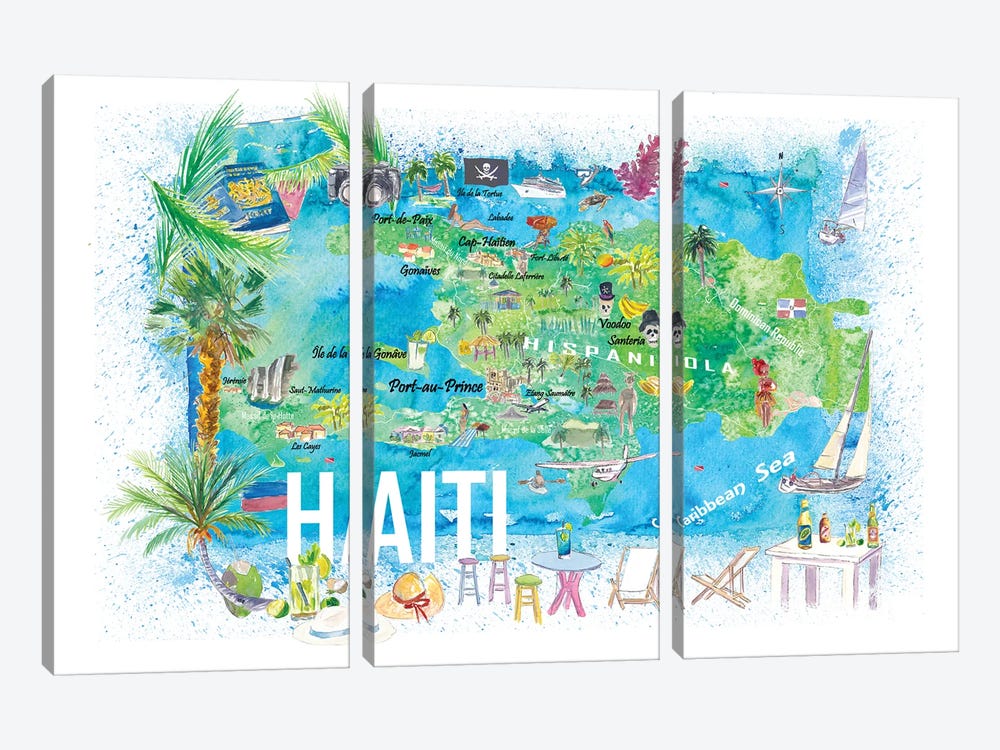 Haiti Illustrated Travel Map With Roads And Highlights by Markus & Martina Bleichner 3-piece Canvas Wall Art