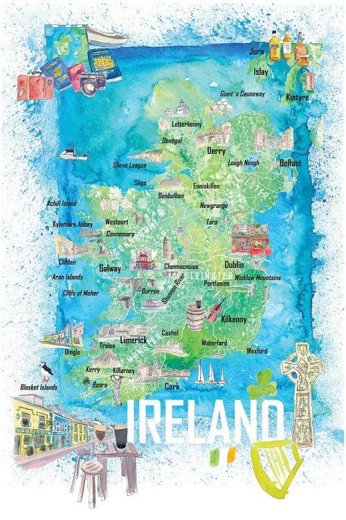 Ireland Illustrated Travel Map With Roads And Highlights