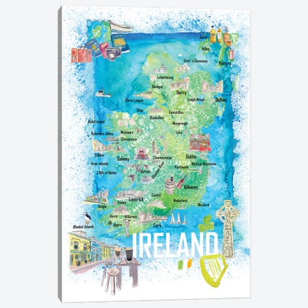 Ireland Illustrated Travel Map With Roads And Highlights Canvas Print #MMB548} by Markus & Martina Bleichner Canvas Art