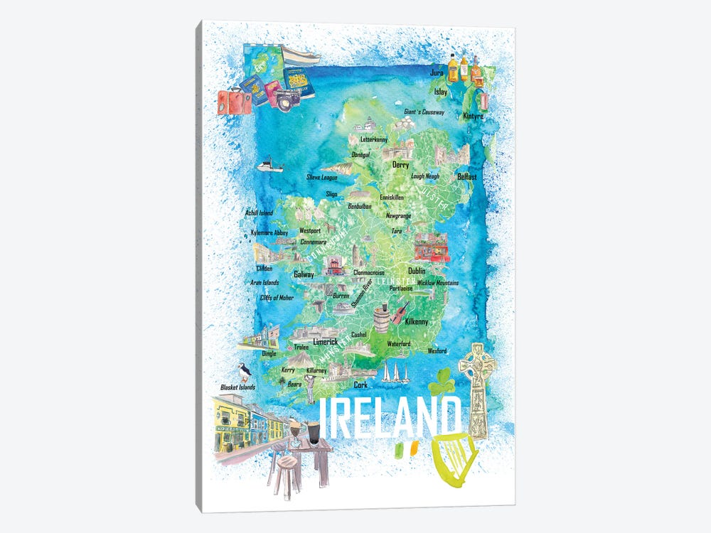 Ireland Illustrated Travel Map With Roads And Highlights by Markus & Martina Bleichner 1-piece Canvas Print