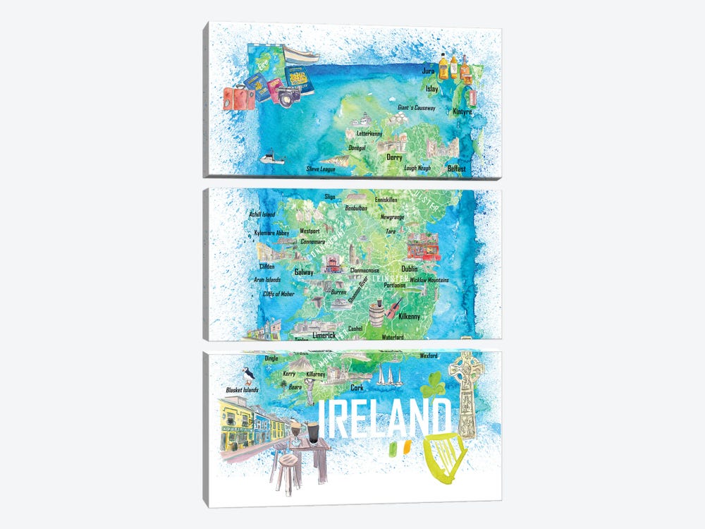 Ireland Illustrated Travel Map With Roads And Highlights by Markus & Martina Bleichner 3-piece Art Print