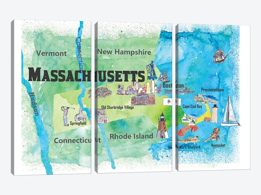 USA, Massachusetts Travel Poster by Markus & Martina Bleichner 3-piece Canvas Wall Art