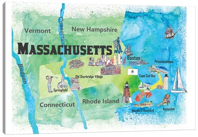 USA, Massachusetts Travel Poster Canvas Art Print - Kids Map Art