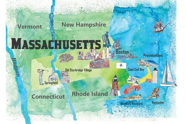 Kids Map Art: USA, Massachusetts Travel Poster by Markus & Martina Bleichner