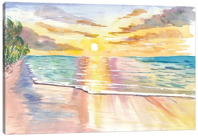 Tropical Sunset In Quiet Bay In Hawaii Canvas Art Print - Beach Sunrise & Sunset Art