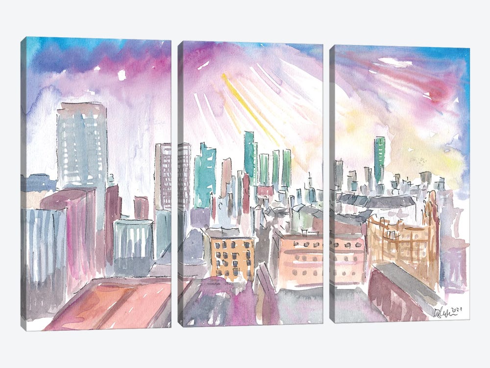 Manchester England Skyline With Sunset by Markus & Martina Bleichner 3-piece Canvas Wall Art