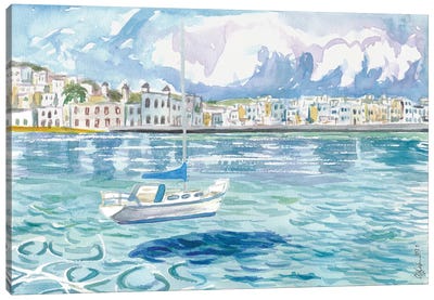 Mykonos With Floating Sailing Boat On Turqoise Aegean Waters Canvas Art Print - Mykonos Art