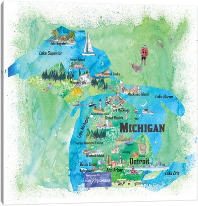 USA, Michigan Illustrated Travel Poster Canvas Art Print - Michigan Art