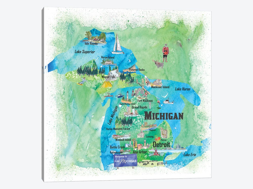USA, Michigan Illustrated Travel Poster by Markus & Martina Bleichner 1-piece Canvas Art Print