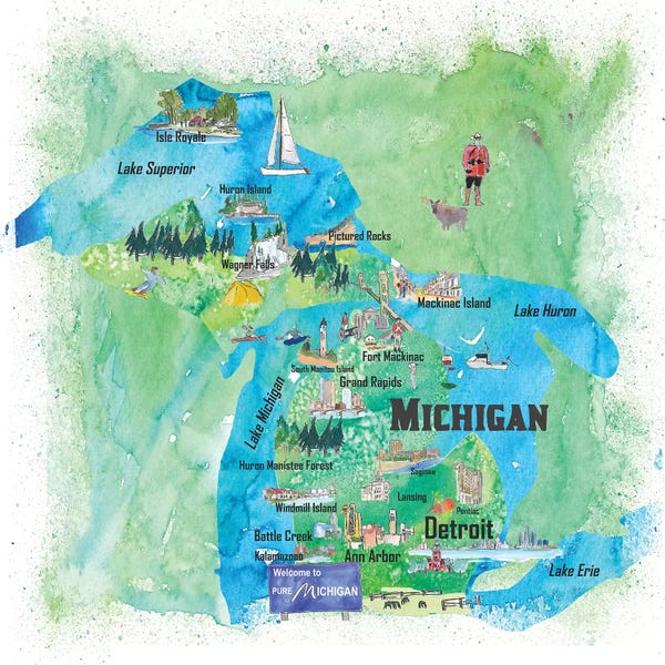 Kids Map Art: USA, Michigan Illustrated Travel Poster by Markus & Martina Bleichner