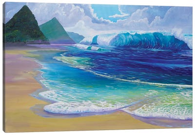 Saint Lucia Tropical Beach Scene Giant Wave And Pitons Mountains Canvas Art Print - Saint Lucia