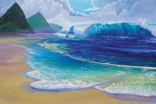 Saint Lucia Tropical Beach Scene Giant Wave And Pitons Mountains