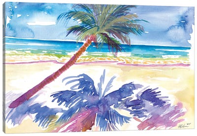 Palm Shadow Under Caribbean Sun With Beach And Sea Canvas Art Print - Tropical Beach Art