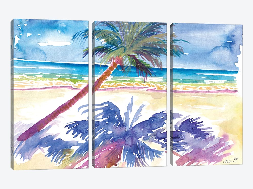 Palm Shadow Under Caribbean Sun With Beach And Sea by Markus & Martina Bleichner 3-piece Canvas Art