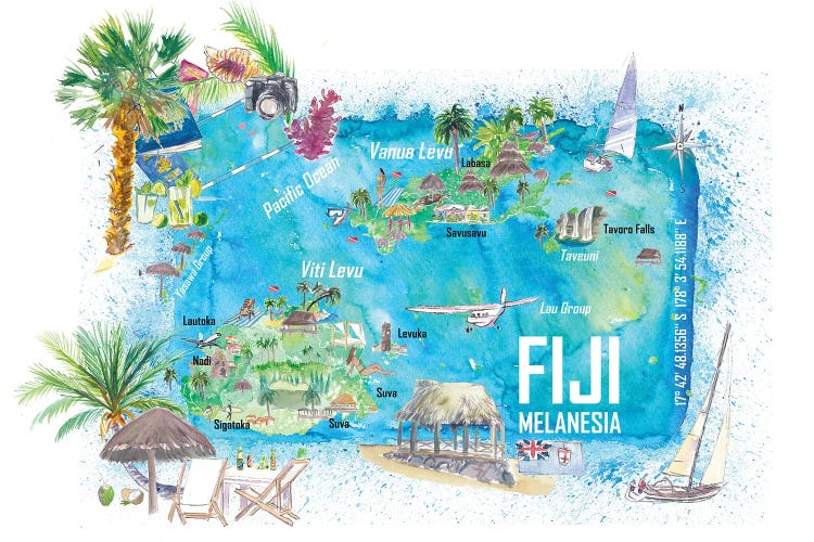 Fiji Illustrated Island Travel Map With Roads And Highlights