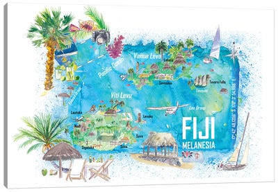 Fiji Illustrated Island Travel Map With Roads And Highlights Canvas Art Print - Fiji