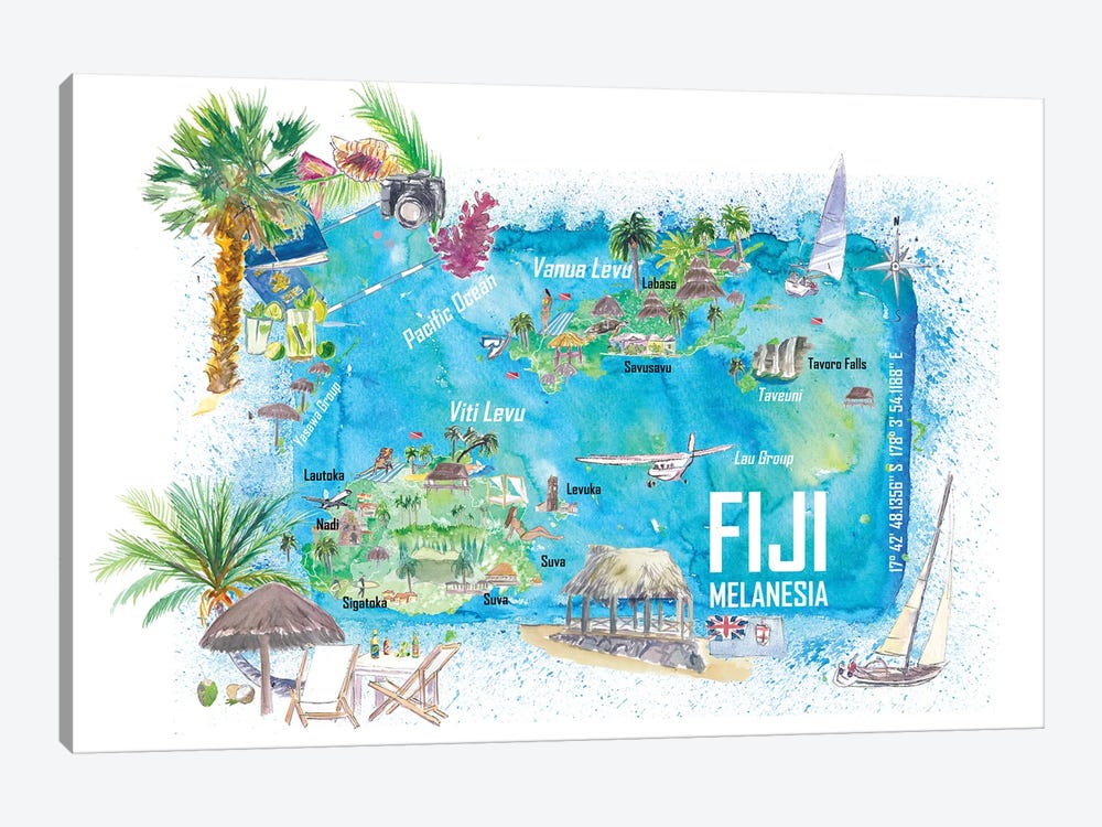 Fiji Illustrated Island Travel Map With Roads And Highlights by Markus & Martina Bleichner 1-piece Art Print