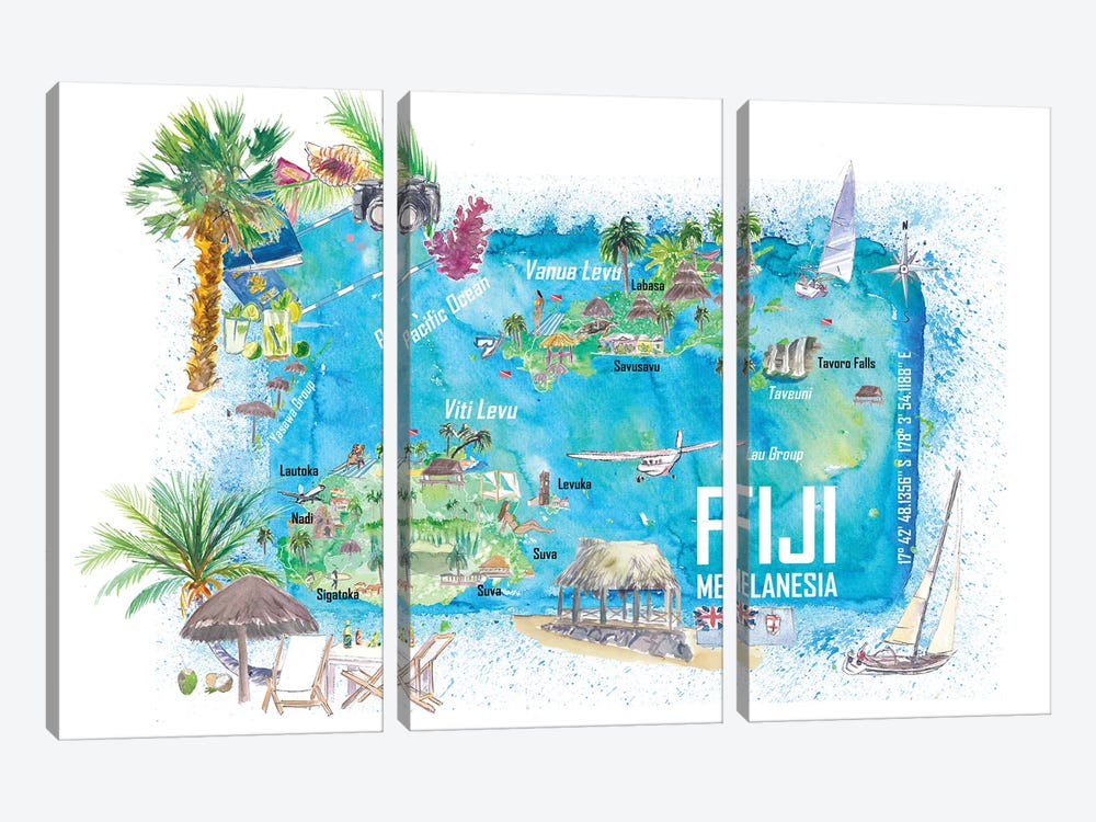 Fiji Illustrated Island Travel Map With Roads And Highlights by Markus & Martina Bleichner 3-piece Canvas Art Print