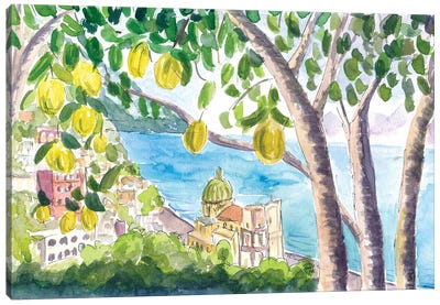 Amalfi Coast Seaview With Fresh Limes On Tree Canvas Art Print - Lemon & Lime Art