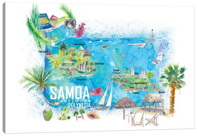 Samoa Illustrated Island Travel Map With Roads And Highlights Canvas Art Print