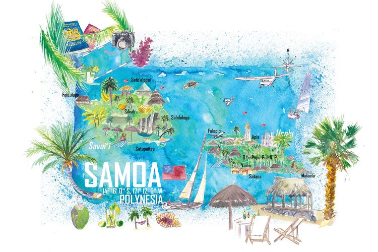 Samoa Illustrated Island Travel Map With Roads And Highlights