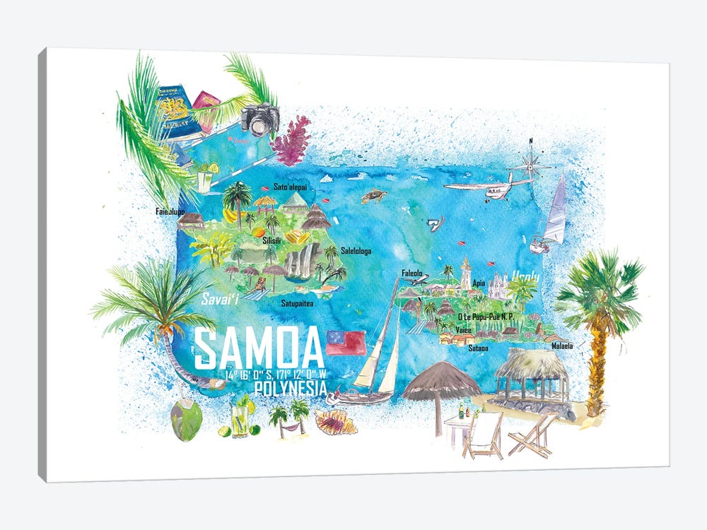 Samoa Illustrated Island Travel Map With Roads And Highlights by Markus & Martina Bleichner 1-piece Canvas Print