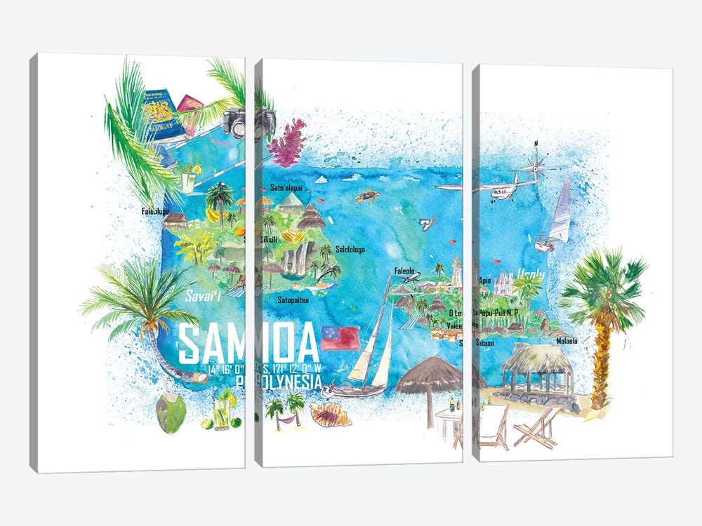 Samoa Illustrated Island Travel Map With Roads And Highlights by Markus & Martina Bleichner 3-piece Canvas Art Print