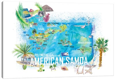 American Samoa Illustrated Island Travel Map With Roads And Highlights Canvas Art Print