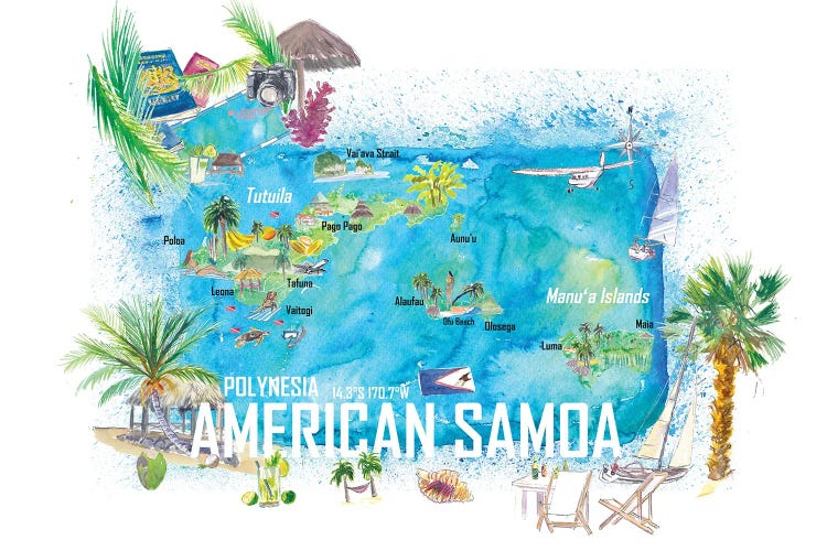 American Samoa Illustrated Island Travel Map With Roads And Highlights