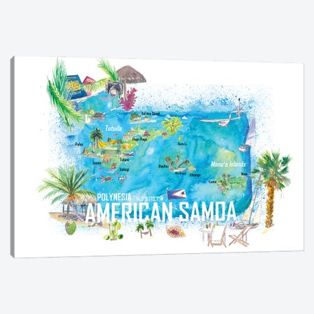 American Samoa Illustrated Island Travel Map With Roads And Highlights Canvas Print #MMB568} by Markus & Martina Bleichner Canvas Art