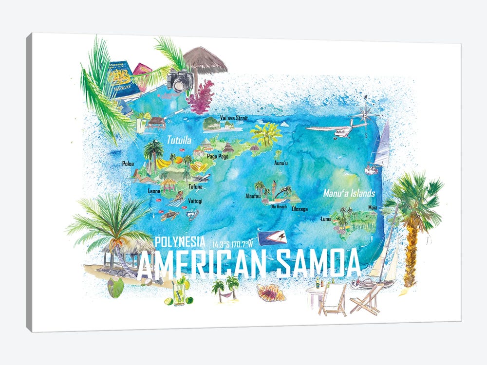 American Samoa Illustrated Island Travel Map With Roads And Highlights by Markus & Martina Bleichner 1-piece Canvas Print