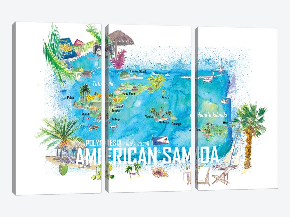 American Samoa Illustrated Island Travel Map With Roads And Highlights by Markus & Martina Bleichner 3-piece Canvas Print