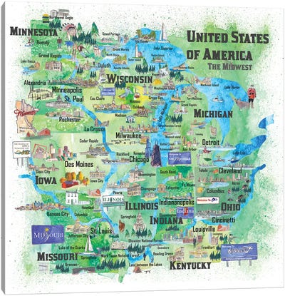 USA, Midwest States Travel Map Canvas Art Print - Kids Map Art