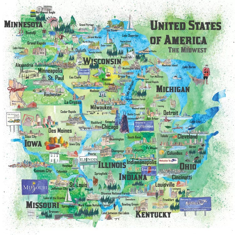 USA, Midwest States Travel Map