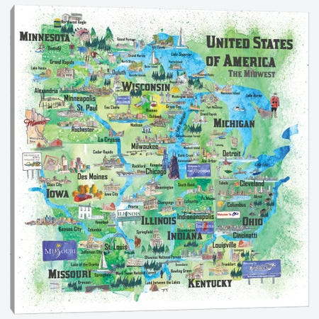 USA, Midwest States Travel Map Canvas Print #MMB56} by Markus & Martina Bleichner Canvas Art Print